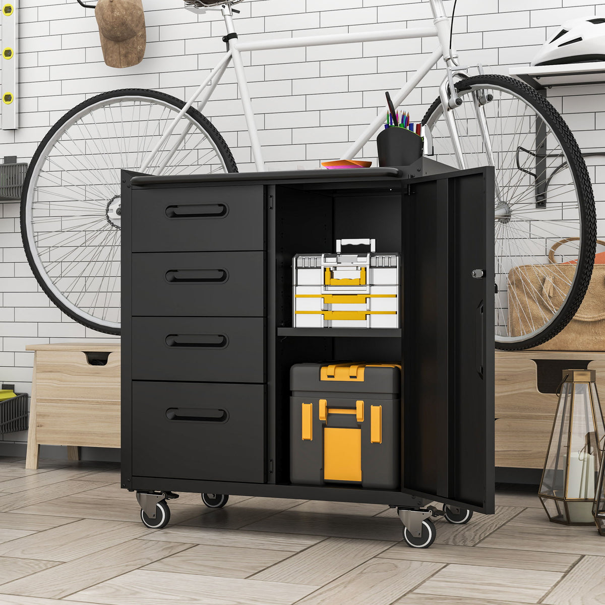 Sturdy Metal Tool Storage Cabinet with Lockable Wheels and Drawers - Gray or Black