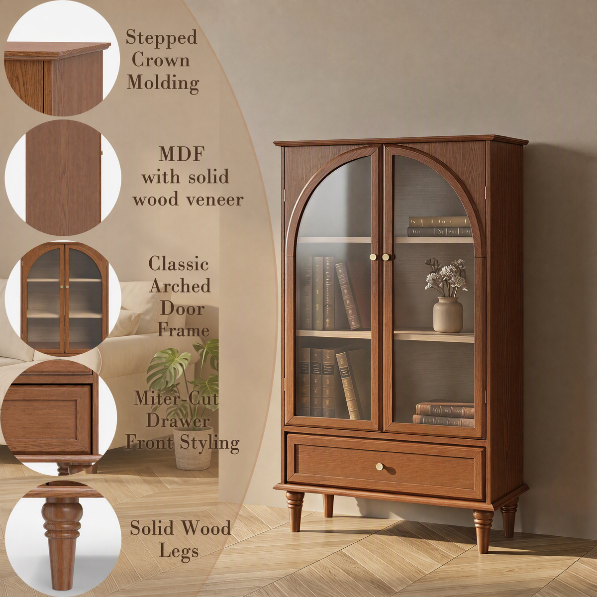 Vintage Farmhouse Arched Glass Accent Cabinet with Arched Glass Doors - Antique Glaze