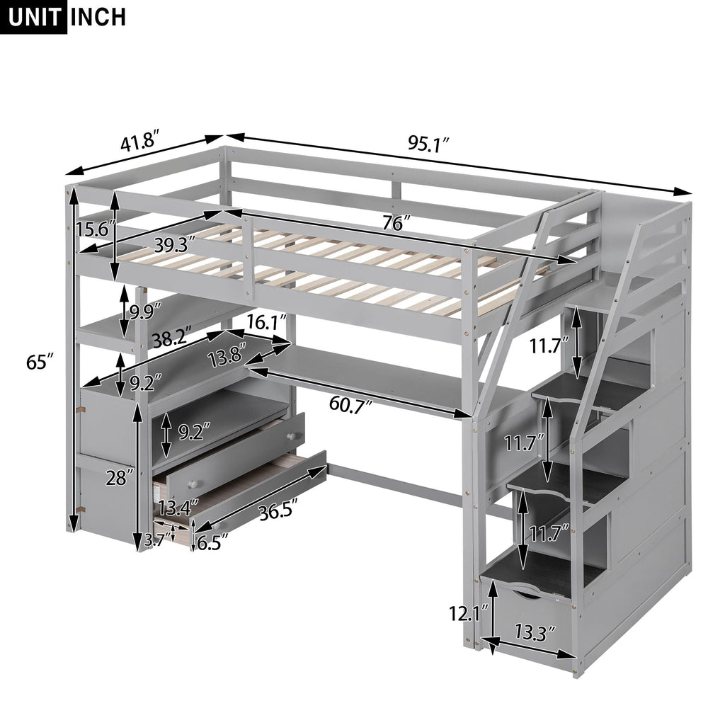 Loft Bed with Desk and Storage Staircase - Full or Twin, White or Gray