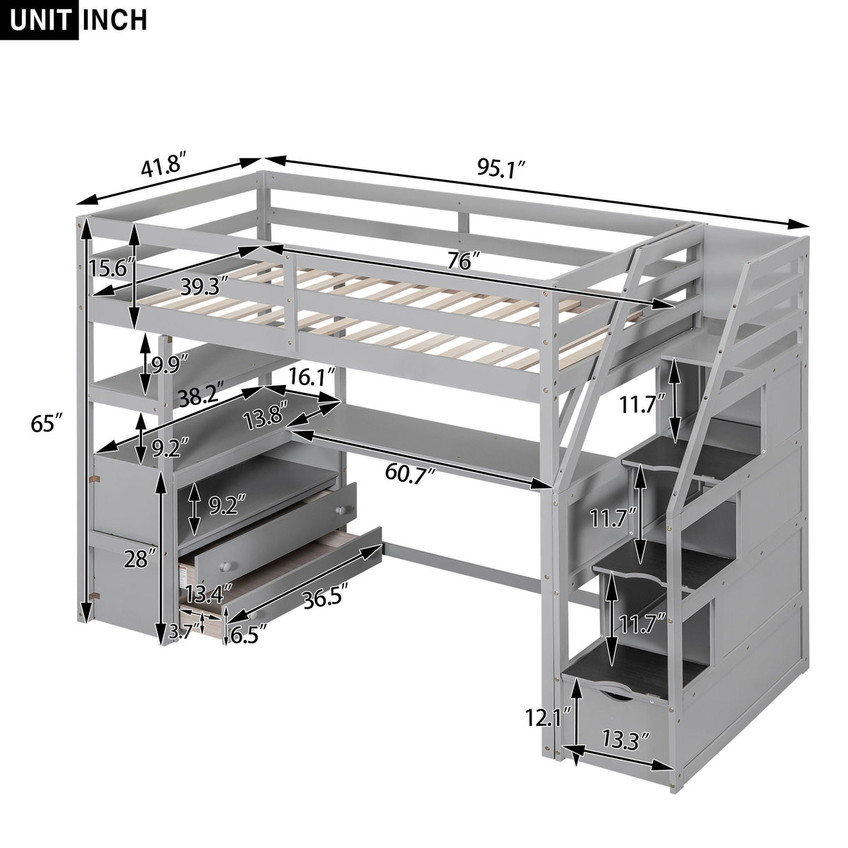 Loft Bed with Desk and Storage Staircase - Full or Twin, White or Gray