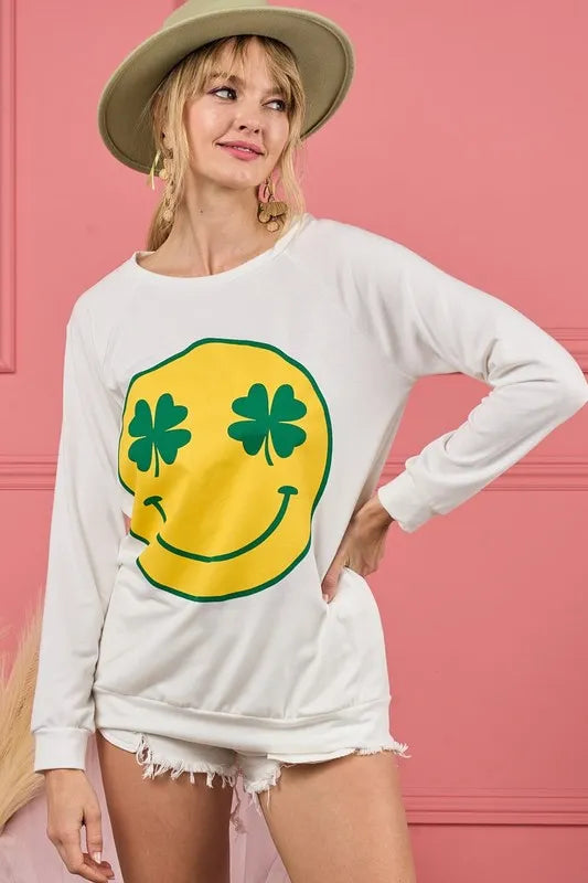 BiBi Smile Face Graphic Round Neck Long Sleeve Top