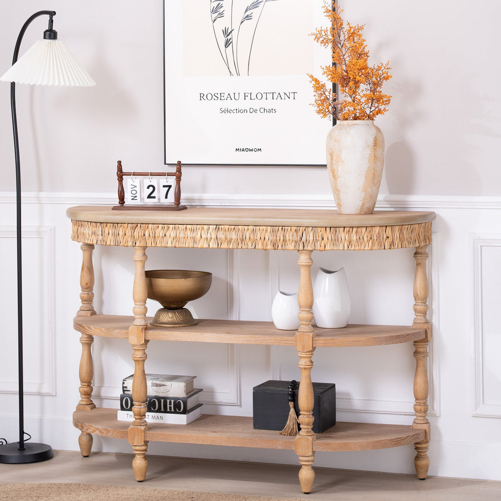 Handcrafted Wood Console Table with Hand-Woven Trim - Natural