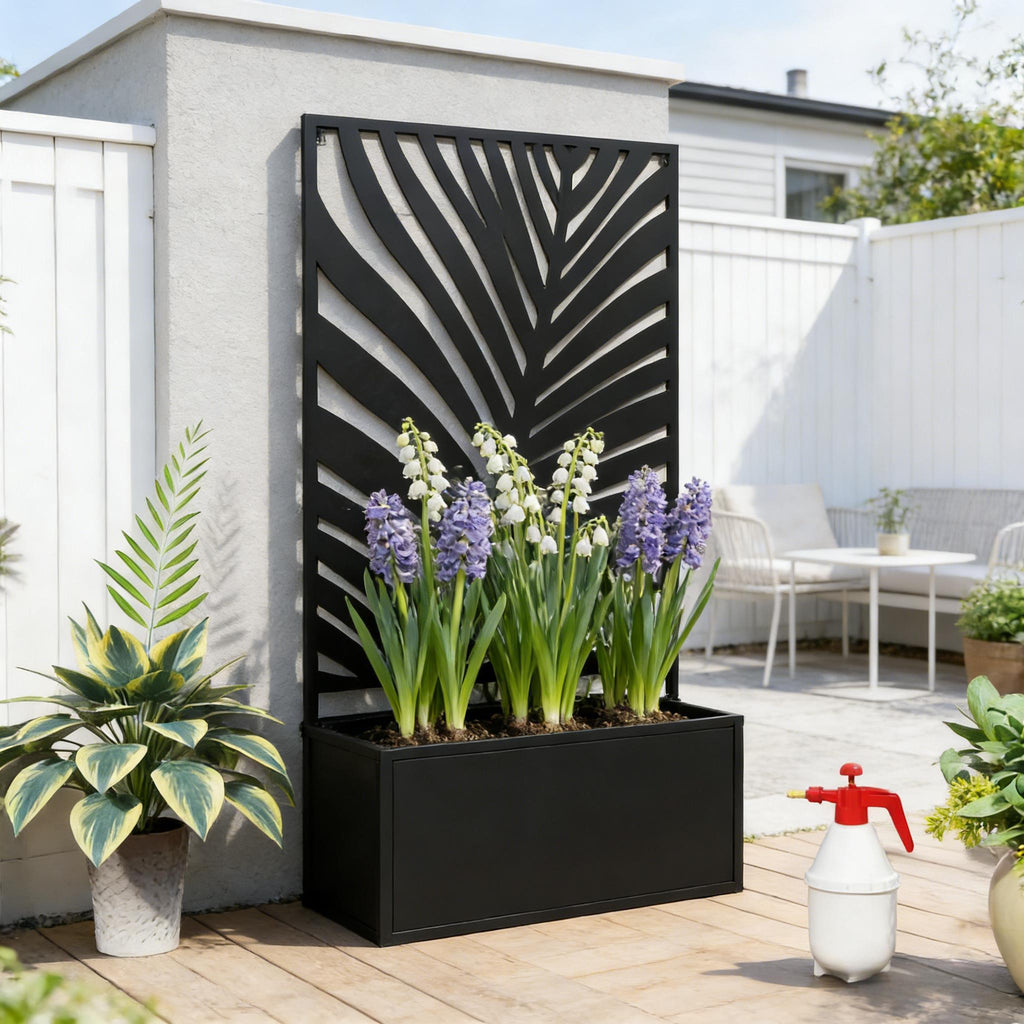 Raised Metal Planter Bed with Decorative Privacy Panel - Freestanding or Wall Mounted