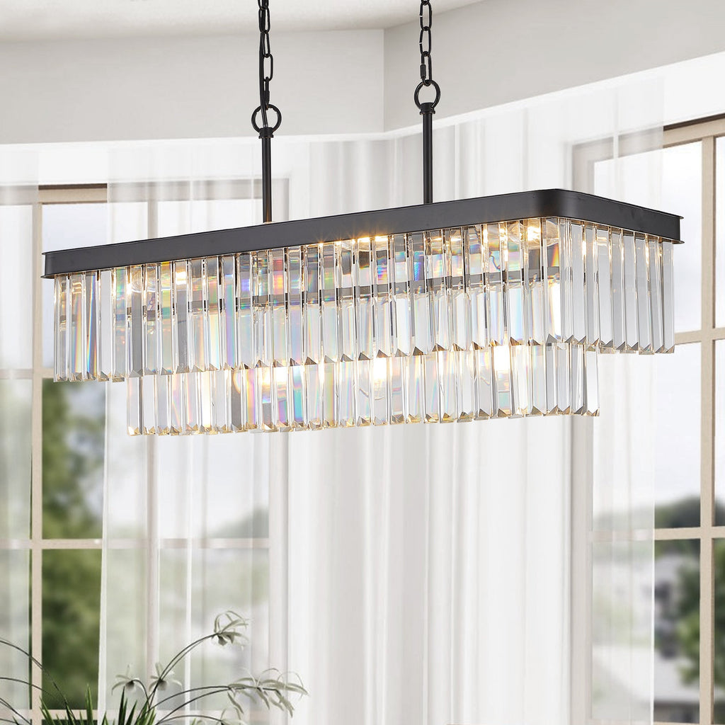 Rectangular Crystal Chandelier with Adjustable Height - Black Iron & Crystal
