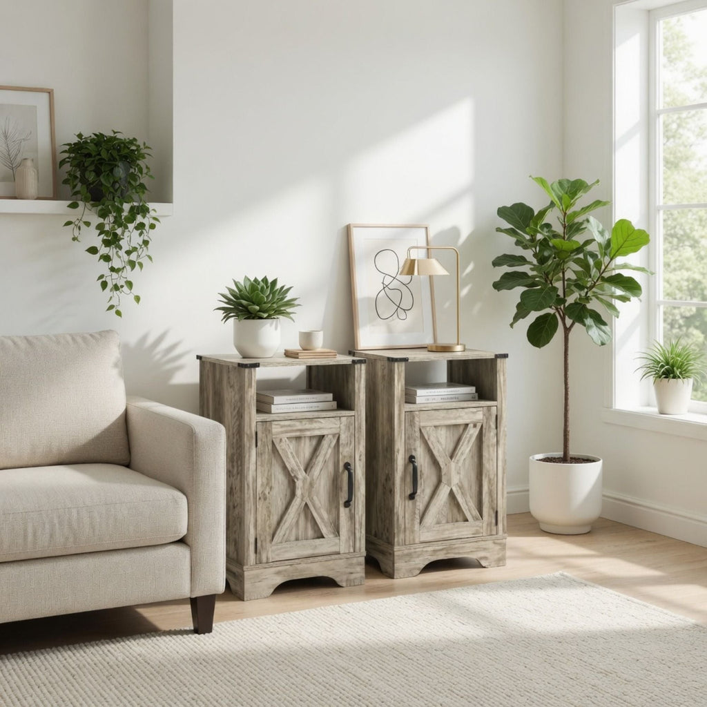 Farmhouse Nightstand with Charging Station & Storage - Multiple Colors