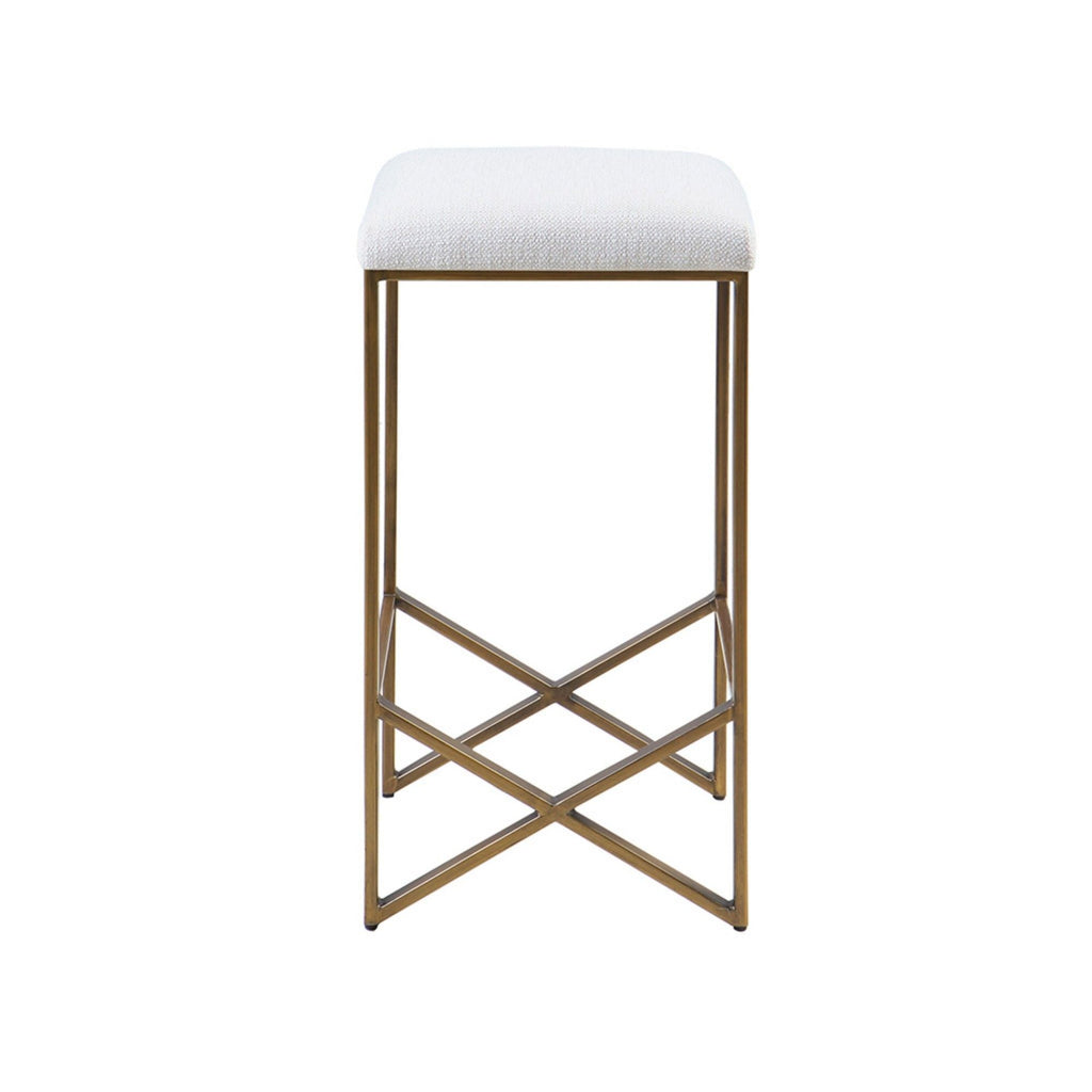 Ivory Backless Upholstered Counter Stool with Padded Seat - Bronze Base