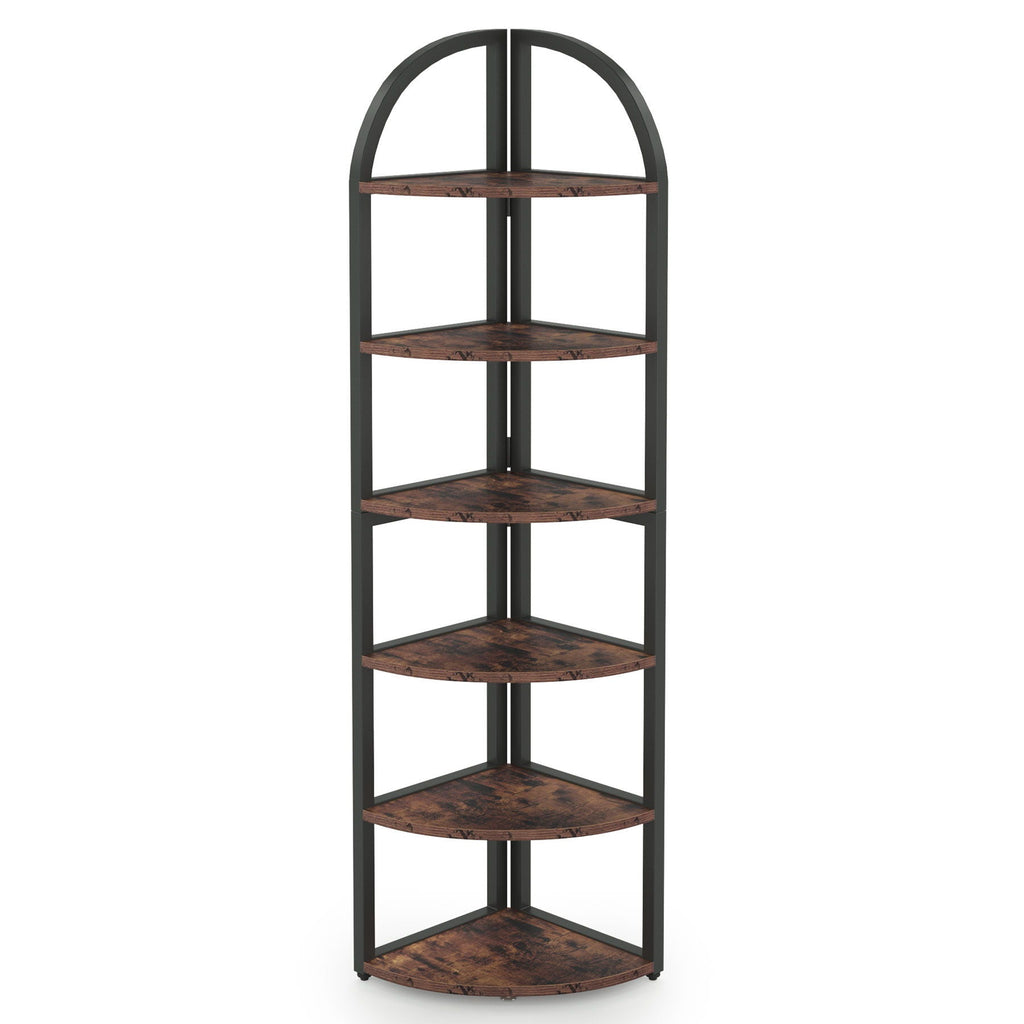 Tall 6 Tier Corner Shelf with Sturdy Metal Frame - Rustic Brown