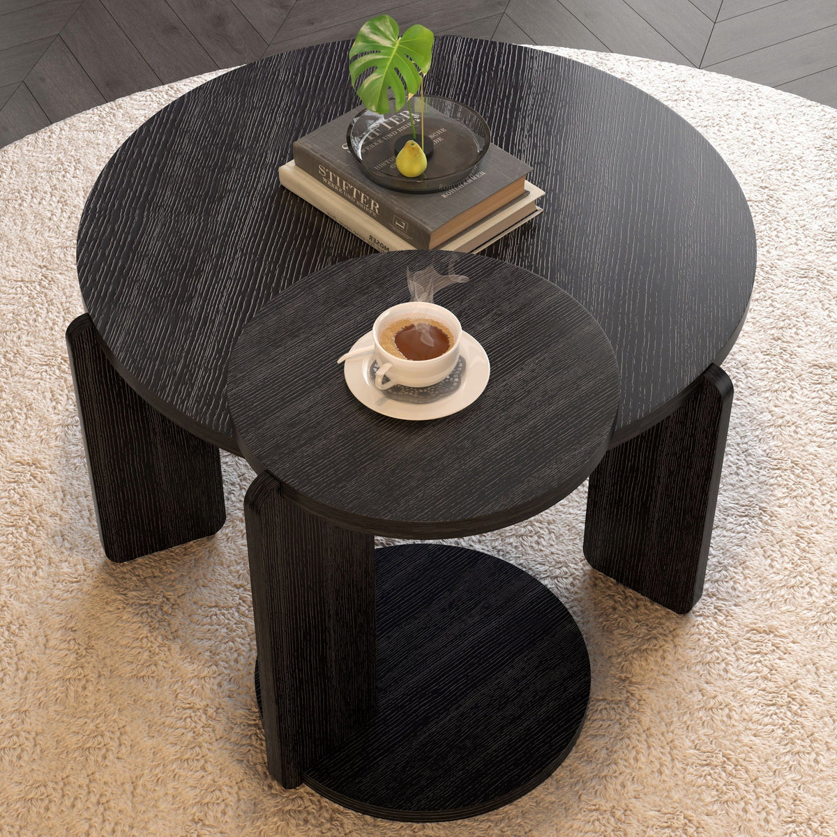 Round Coffee & End Table Set with Faux Marble & Wood Top - White, Black, or Dark Brown