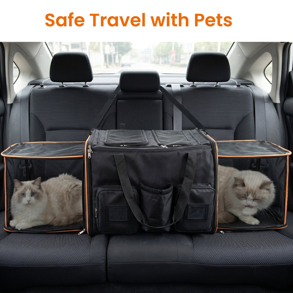 2 in 1 Large Cat Carrier with Rolling Wheels and Expandable Design - Black