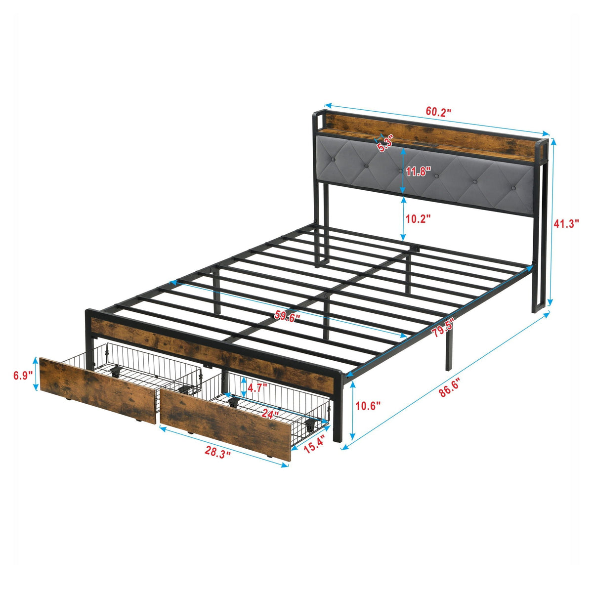 Modern Platform Bed Frame with LED Lights and USB Charging - Dark Brown or Light Brown