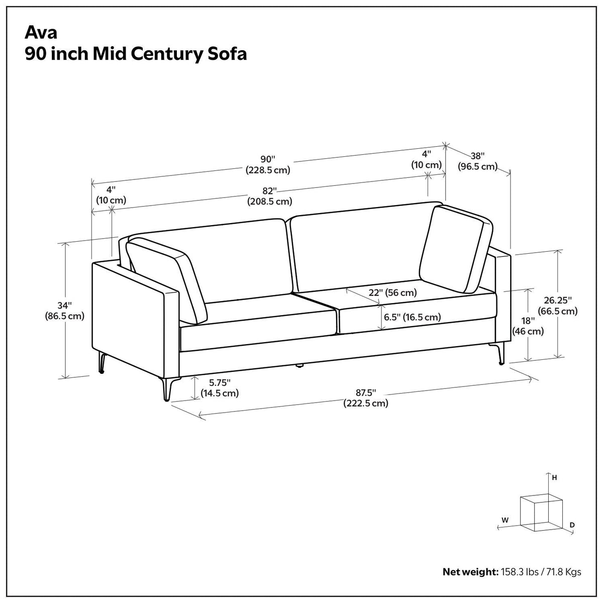 Mid Century Upholstered Sofa with Water-Repellent Fabric - Multiple Colors