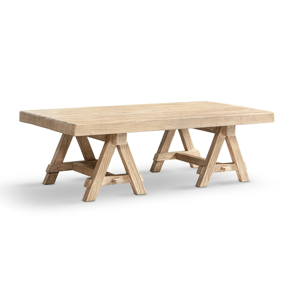 Trestle Coffee Table with Solid Reclaimed Elm Construction - Dark or Light Brown