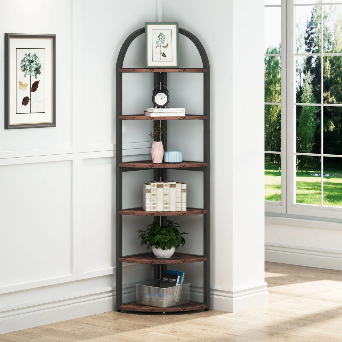 Tall 6 Tier Corner Shelf with Sturdy Metal Frame - Rustic Brown