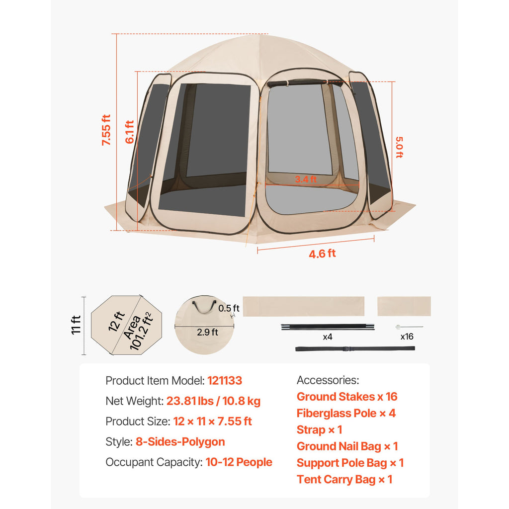 12 x 11 ft Screen House Tent with Durable Mesh Walls - Neutral