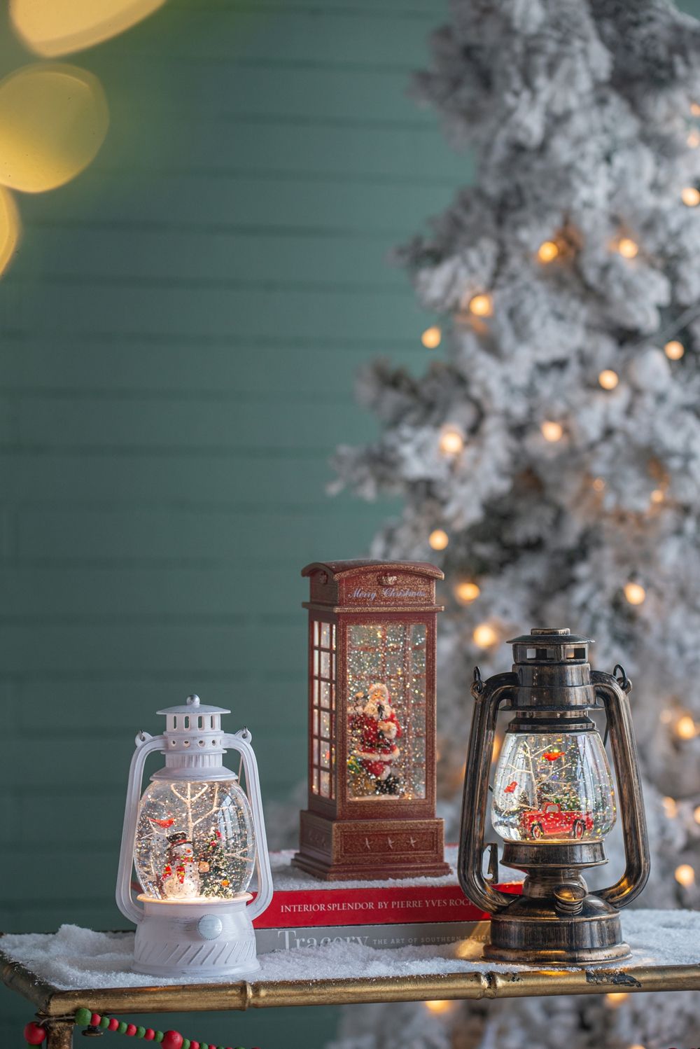 Christmas Lantern with Snowman & Tree LED and Water Spinning - White / Multi
