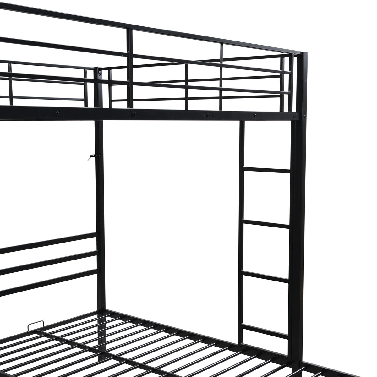 Modern Metal Triple Bunk Bed With Vertical Ladder, Safety Rail, And Storage Shelf - Black