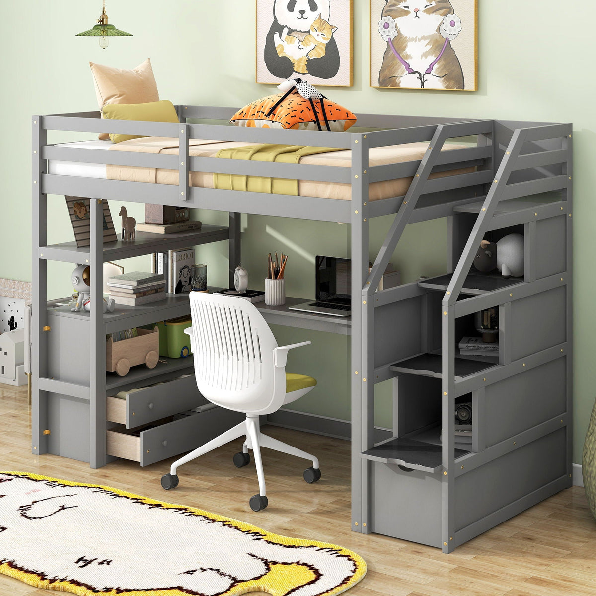 Loft Bed with Desk and Storage Staircase - Full or Twin, White or Gray
