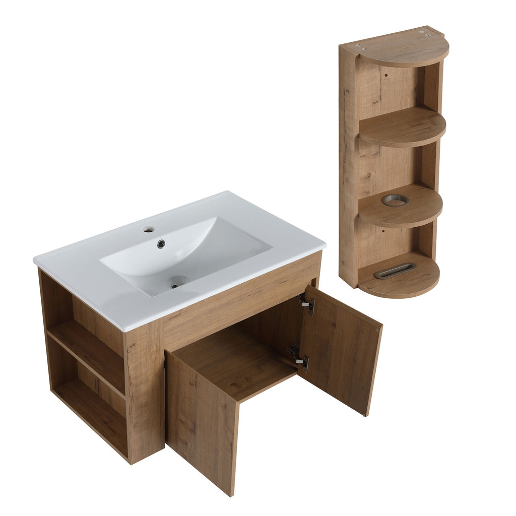Modern Wall Mounted Bathroom Vanity With Sink And Storage Rack Soft Close Doors Plywood - Imitative Oak
