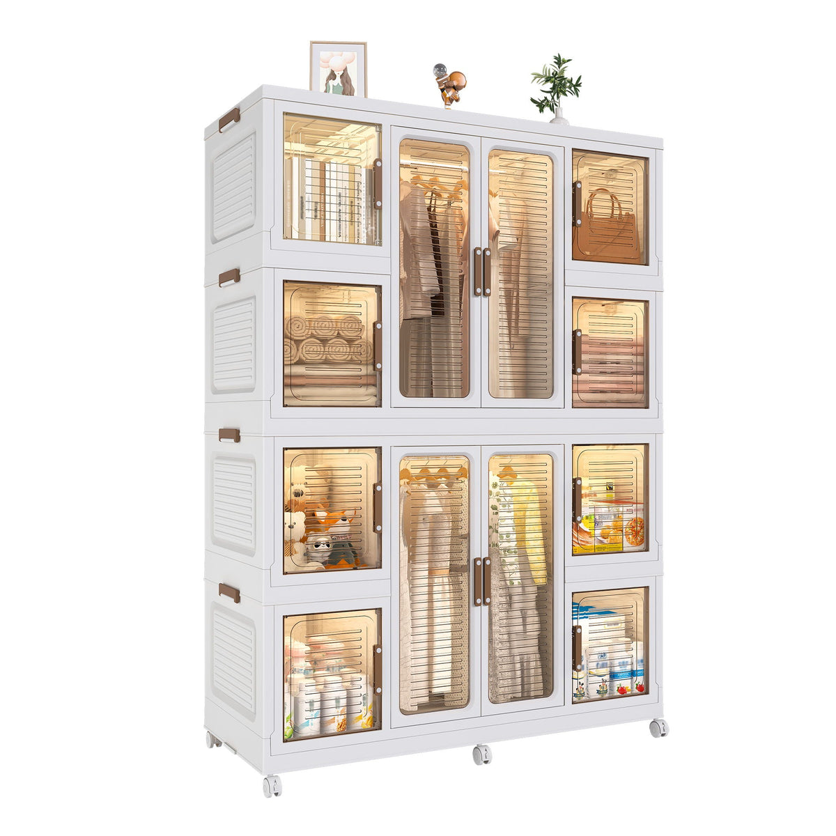Portable Wardrobe Closet Storage Organizer For Clothes With Magnetic Doors, 12 Cubes & 2 Hanging Rods - White