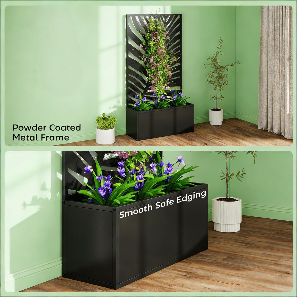 Raised Metal Planter Bed with Decorative Privacy Panel - Freestanding or Wall Mounted
