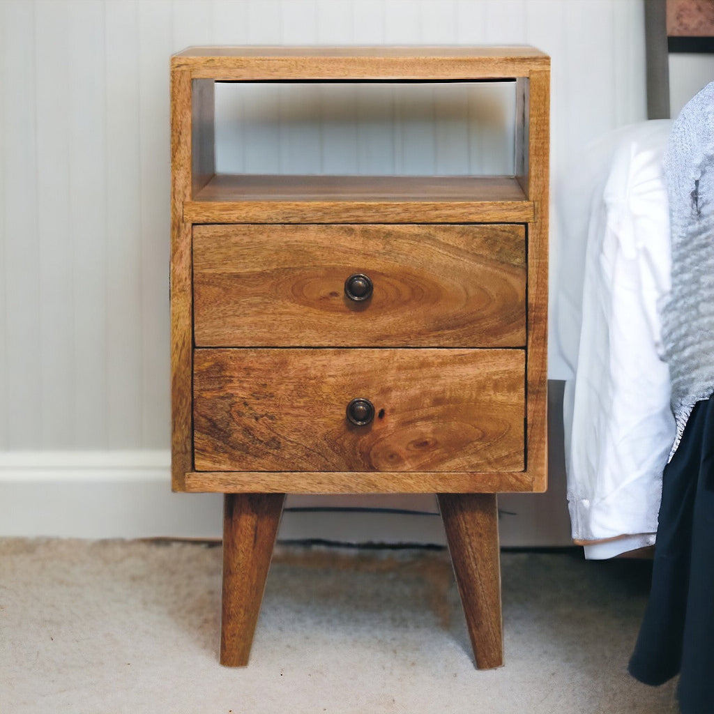 Solid Wood Mini Oak-ish Classic Nightstand with 2 Drawers - Oak