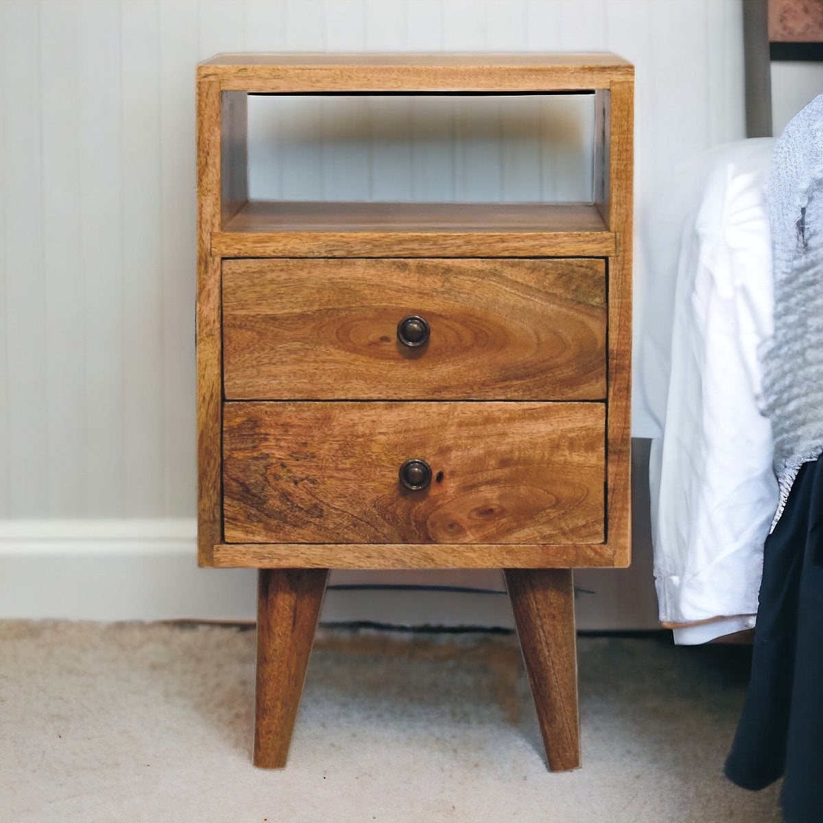 Solid Wood Mini Oak-ish Classic Nightstand with 2 Drawers - Oak