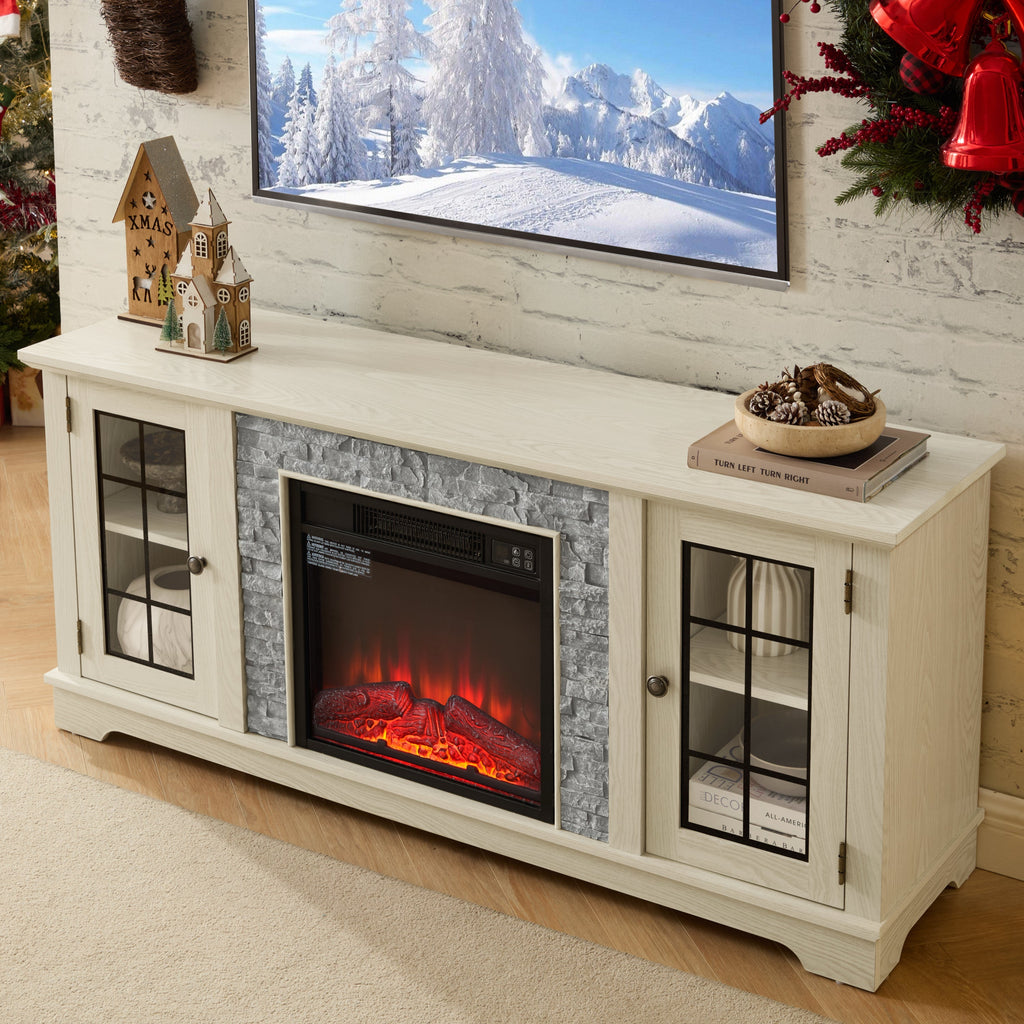 58" Modern TV Stand with Electric Fireplace and Storage - White