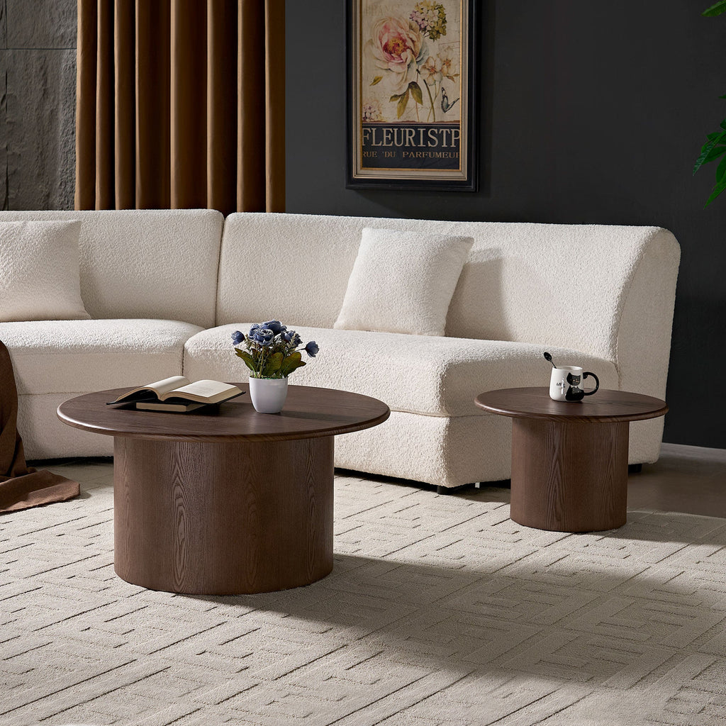 Modern MDF Round Coffee Table Set of 2 - Walnut Finish