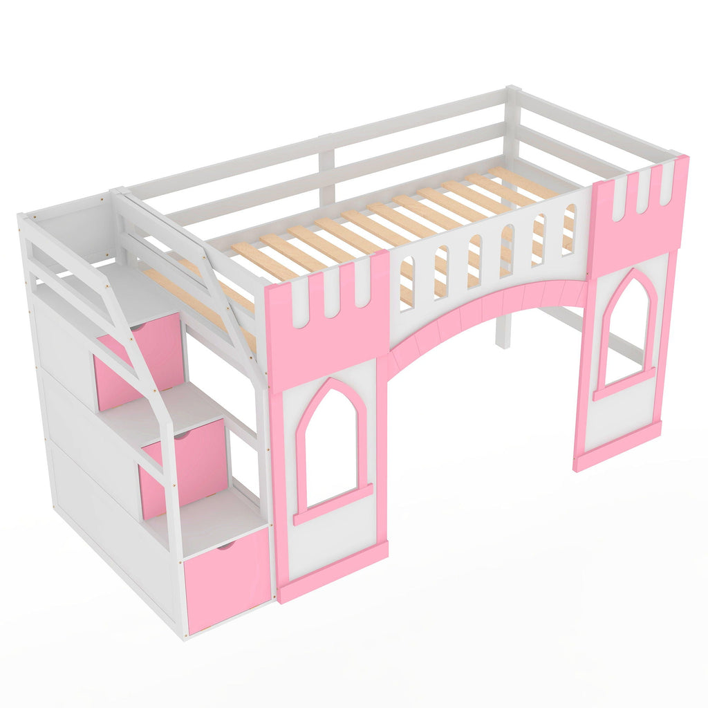 Loft Bed With Storage Staircase and Windows - Twin Size