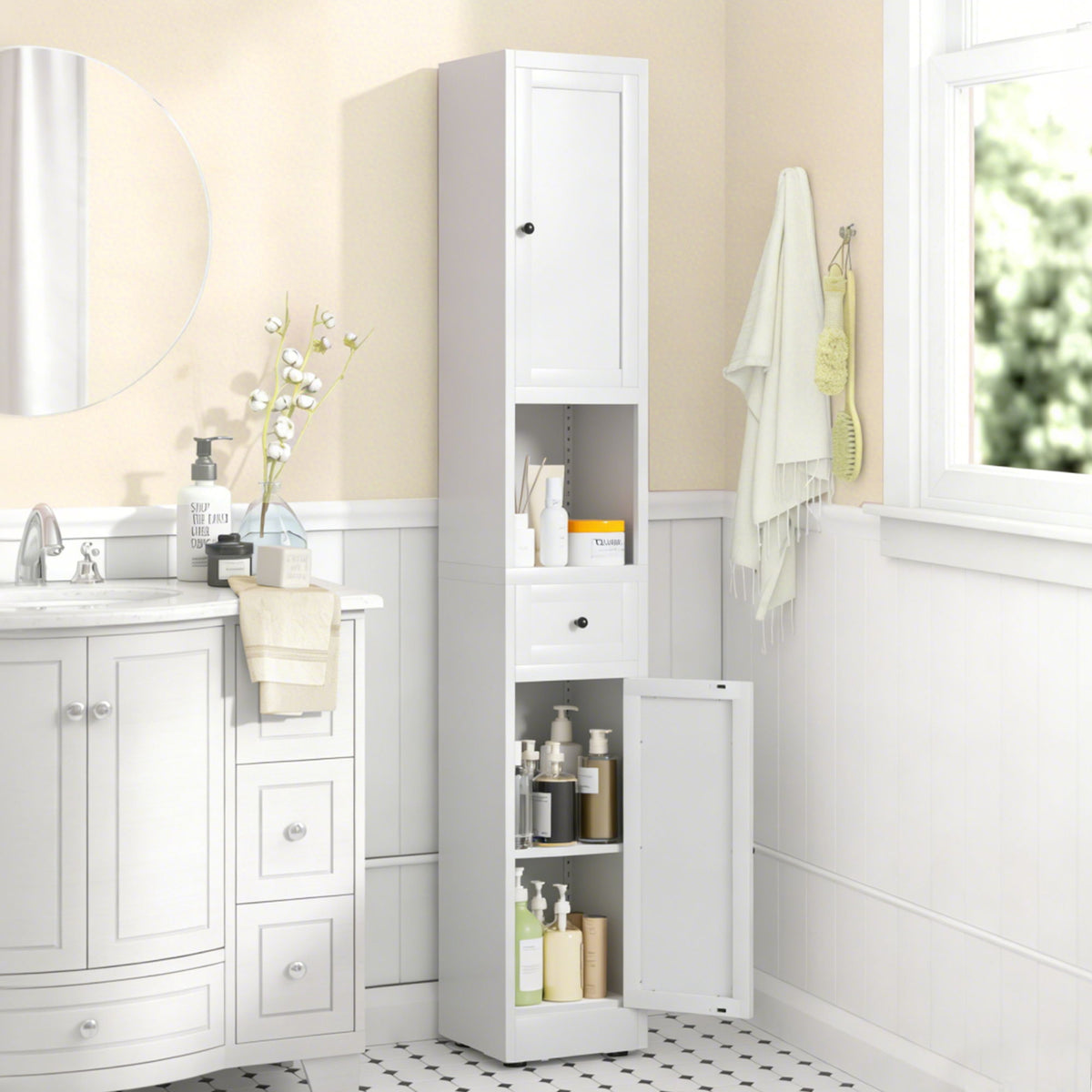 Tall Narrow Bathroom Cabinet With 5-Tier Storage, Adjustable Shelves, Freestanding - White