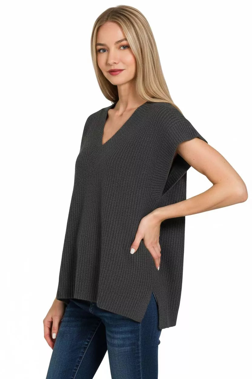 Zenana Ribbed Slit V-Neck Sweater Vest