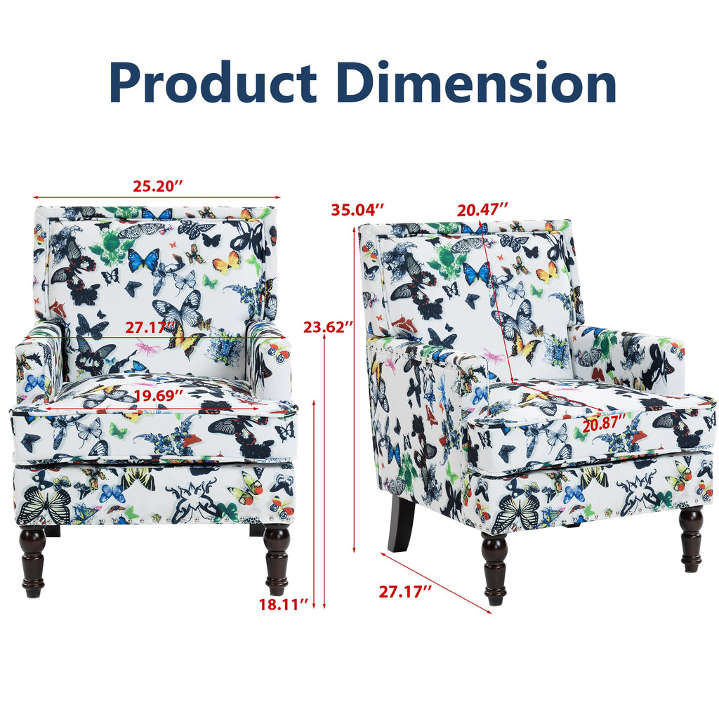 Upholstered Accent Chair with Solid Wood Legs - Vintage Armchair - Blue and White