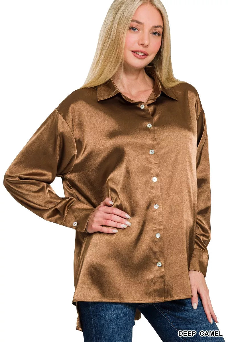 Zenana Satin Button Down Long Sleeve Shirt