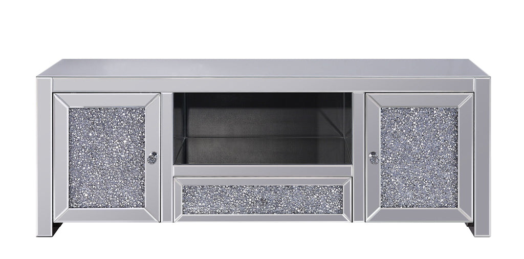 Mirrored TV Stand with Faux Diamonds and Storage - Silver