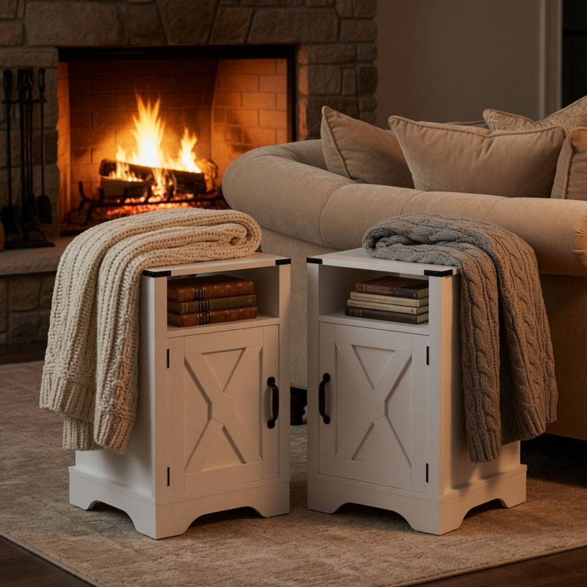 Farmhouse Nightstand with Charging Station & Storage - Multiple Colors