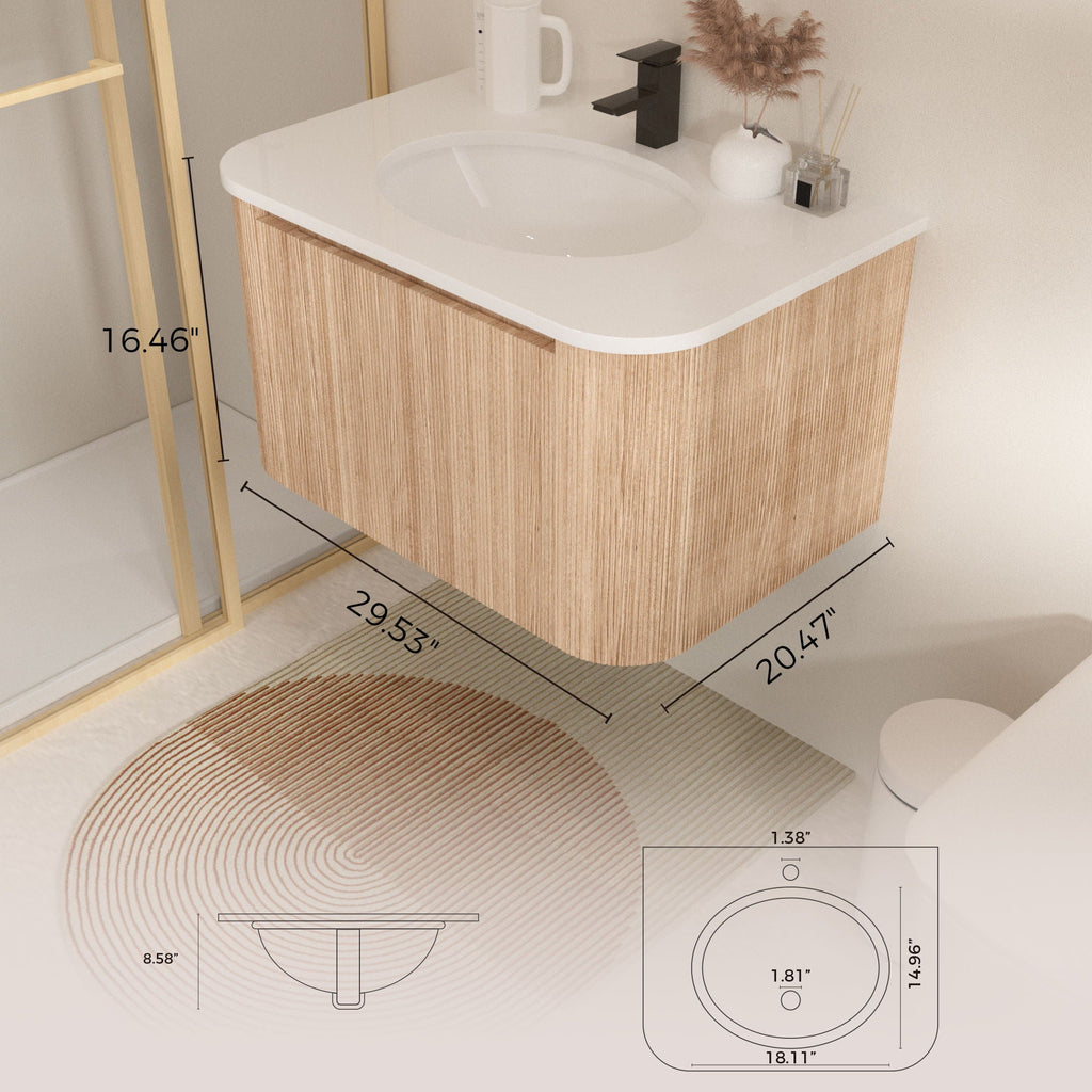 Light Brown Wall Mounted Bathroom Vanity with Sink - Curved Front