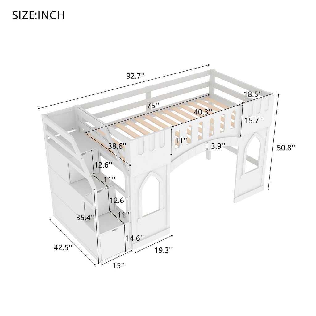 Loft Bed With Storage Staircase and Windows - Twin Size