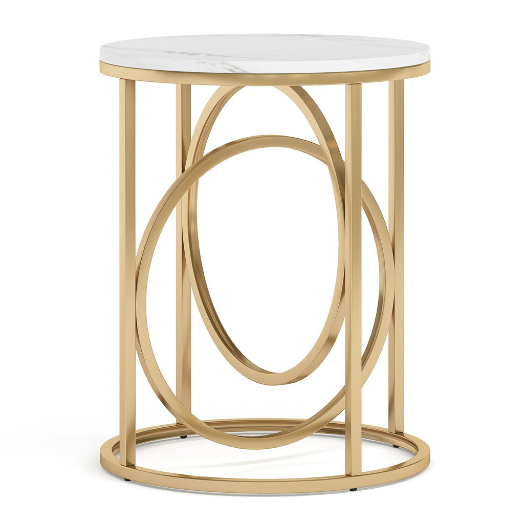 Round End Table with Faux Marble Top - White and Gold