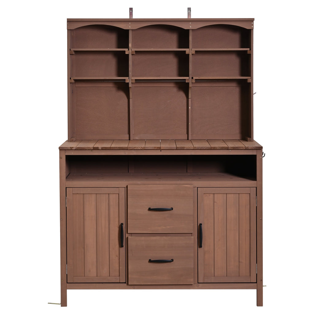 Large Fir Wood Potting Bench with Hutch and Storage - Brown