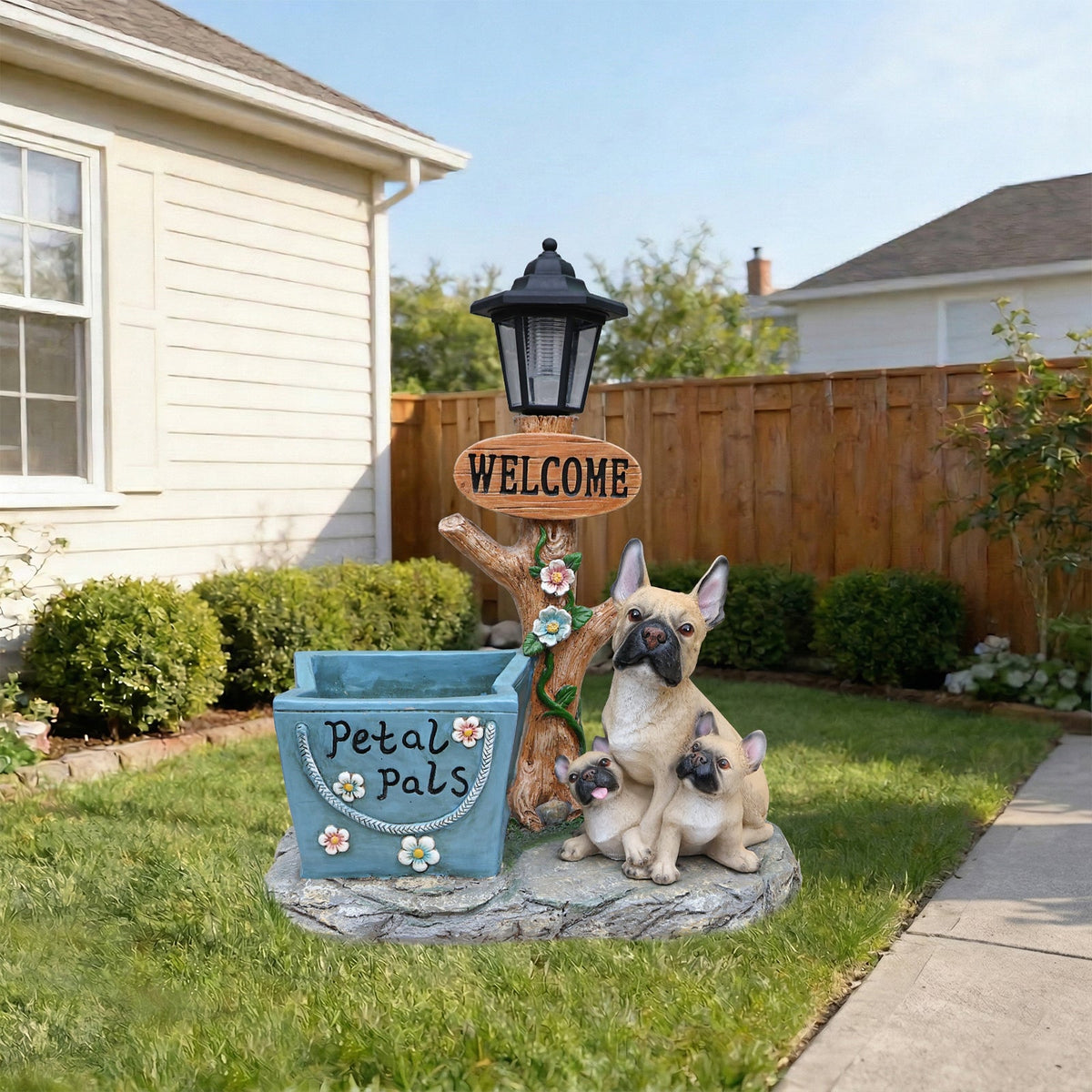French Bulldog Family Planter Statue with Integrated Planter - Resin