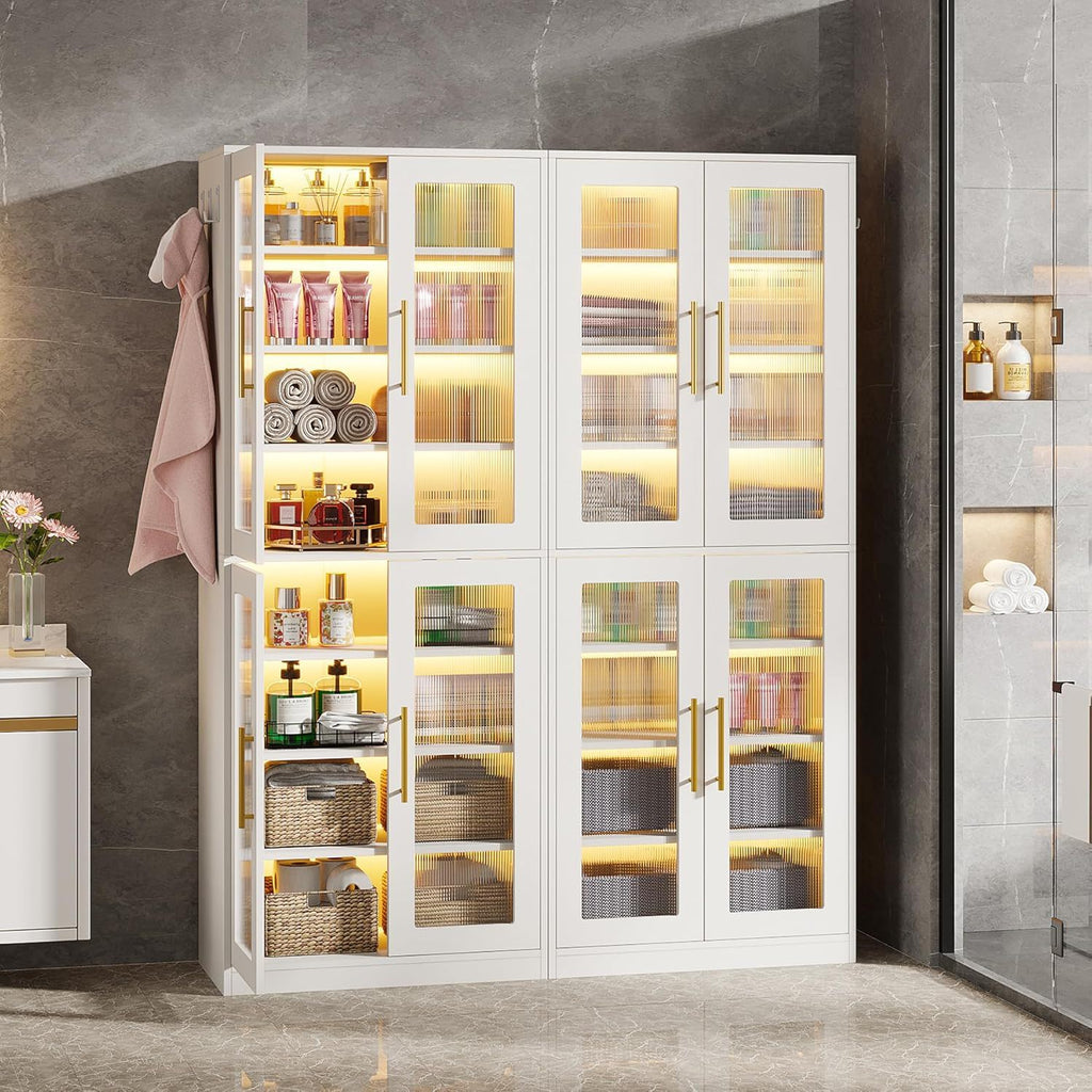 Bookcase With Doors and LED Lighting with Adjustable Shelves - Black, Gray, White
