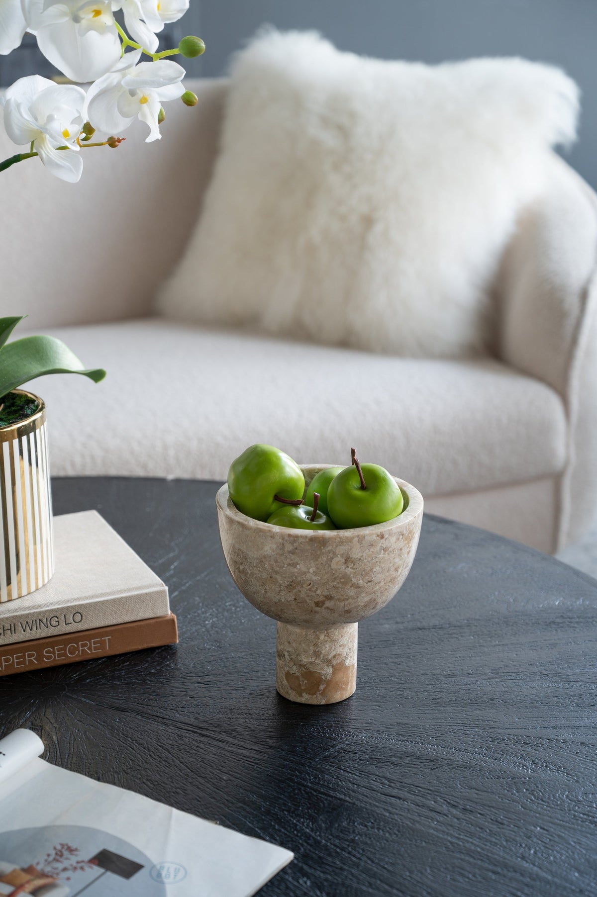 Round Marble Pedestal Bowl with Cylindrical Base - Cream
