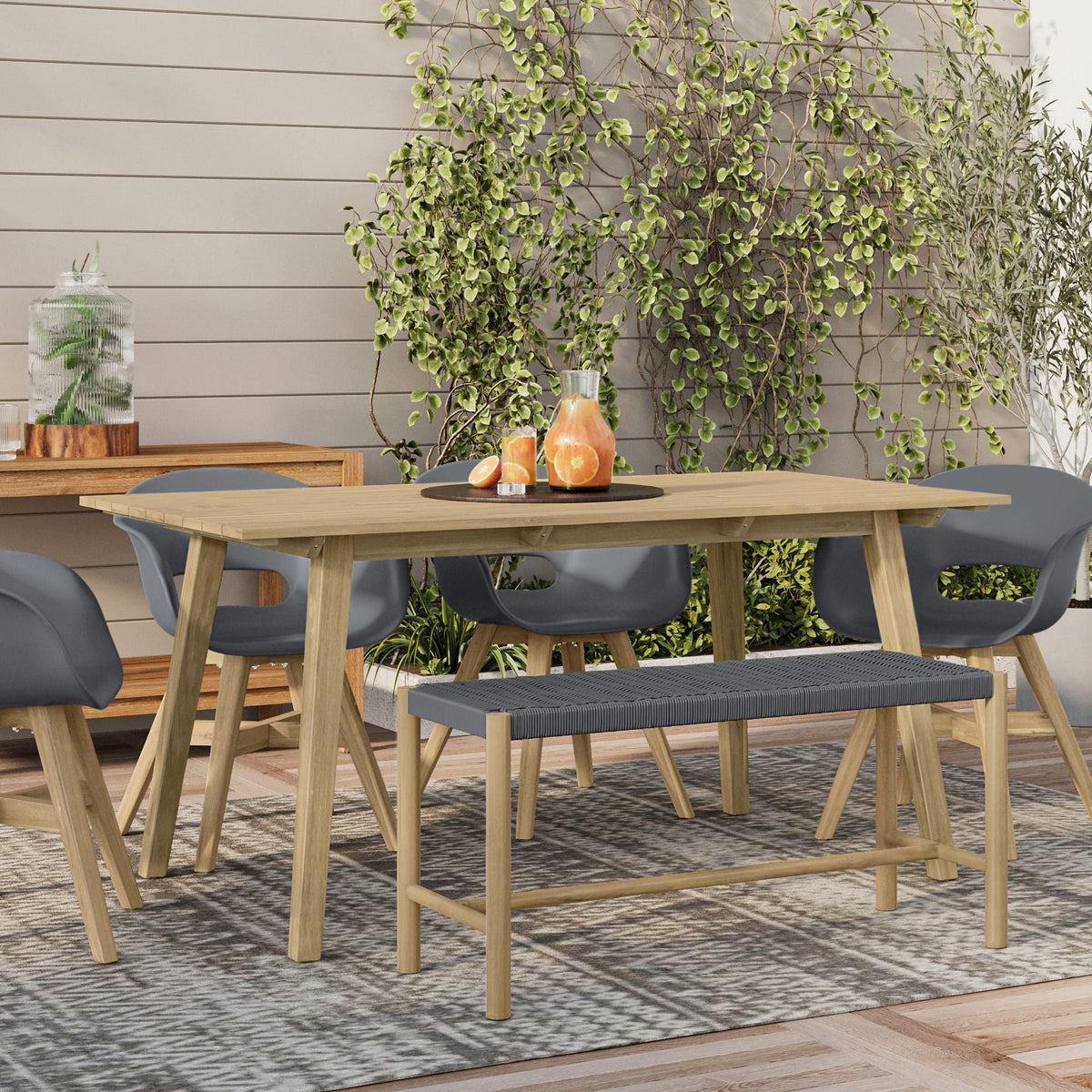 Contemporary Accent Bench with Solid Acacia Frame and Rope Seat - Gray or Dark Gray