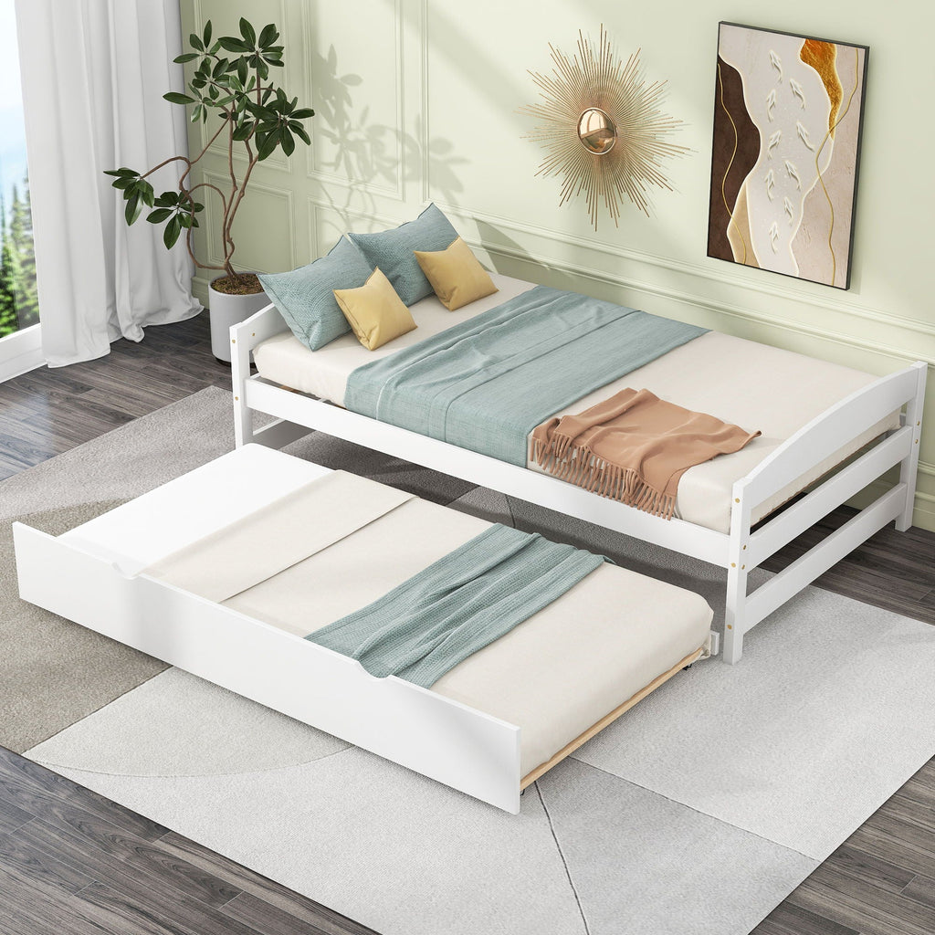 Twin Size Platform Bed with Trundle - Solid Wood Frame - Dark Gray or White