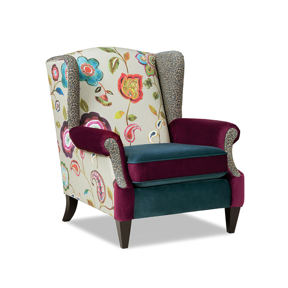 Anya Boho Chic Wingback Accent Arm Chair with Floral Print - Blue or Teal Multi