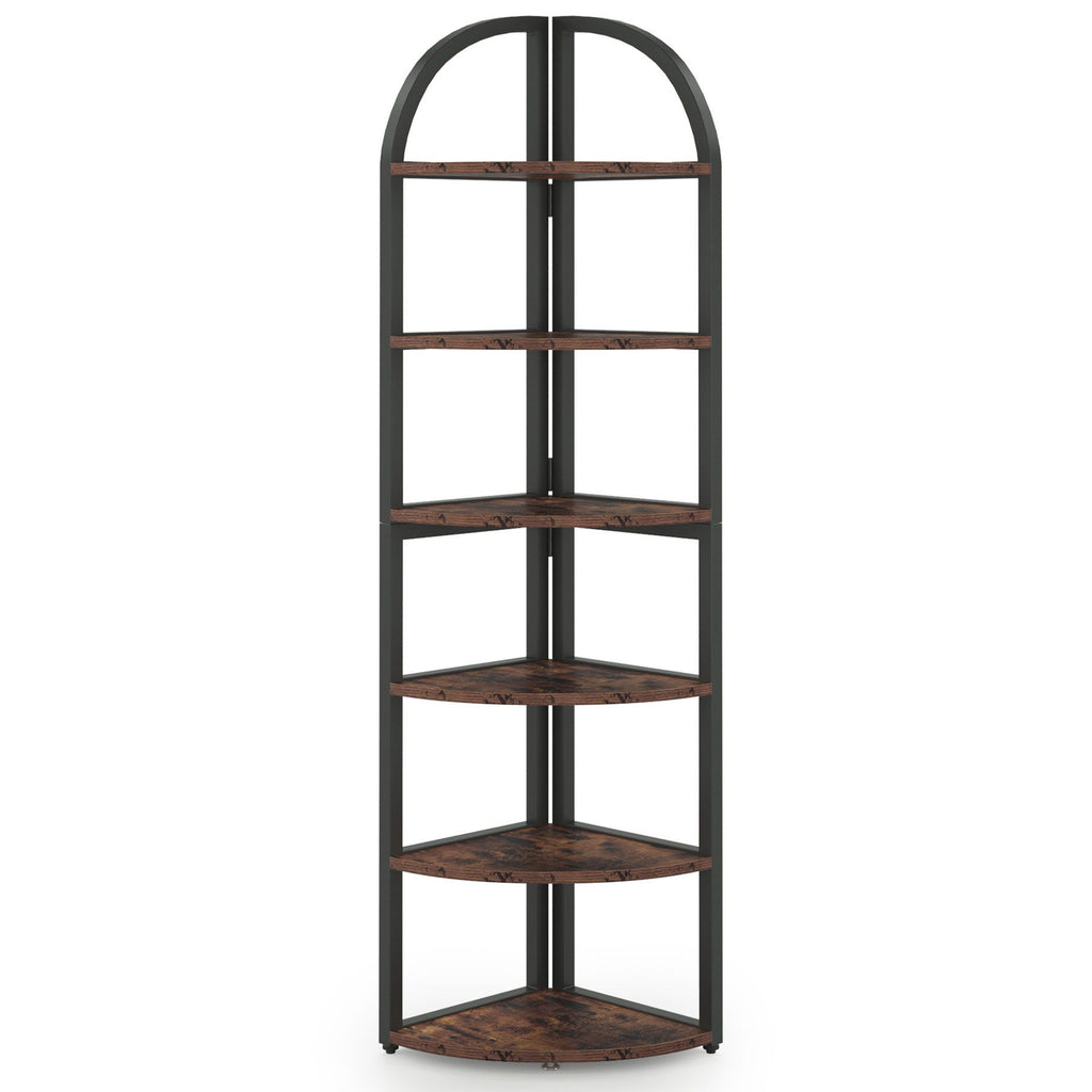 Tall 6 Tier Corner Shelf with Sturdy Metal Frame - Rustic Brown