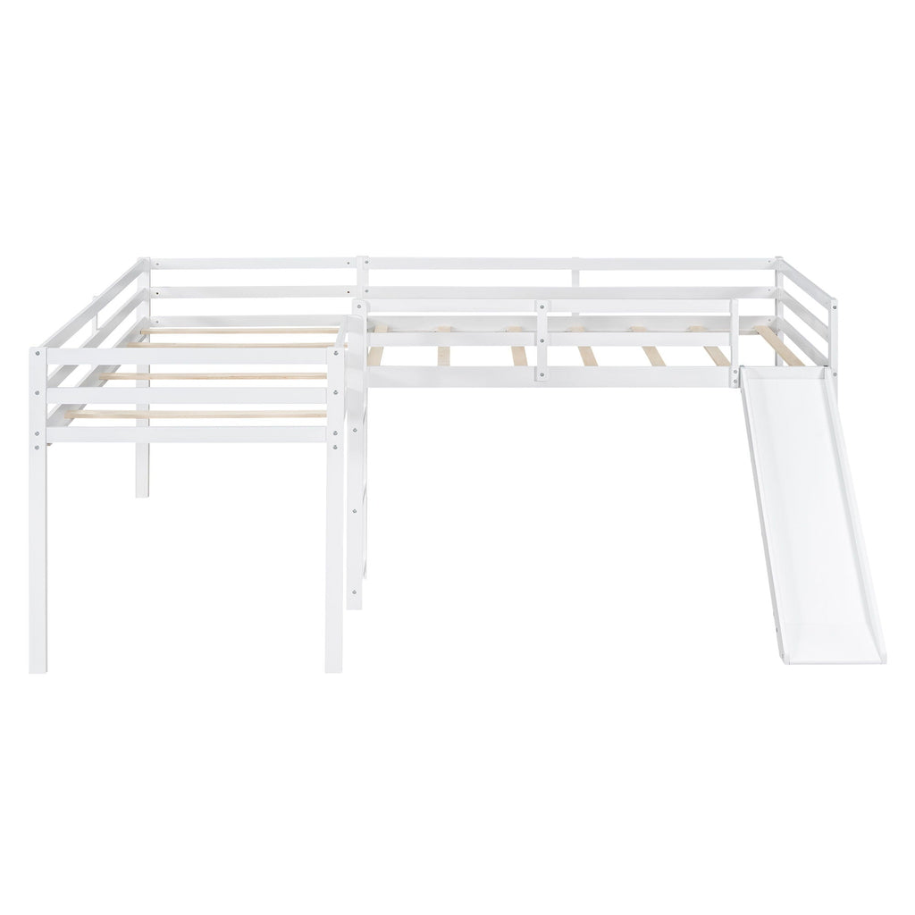 L Shaped Loft Bed with Slide and Ladder - Twin Size, Solid Wood - White or Dark Gray
