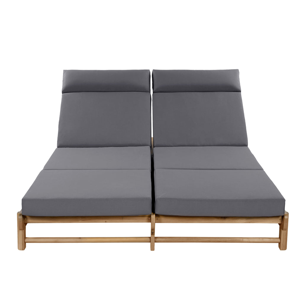 Light Teak Acacia Wood Double Chaise Lounger Set