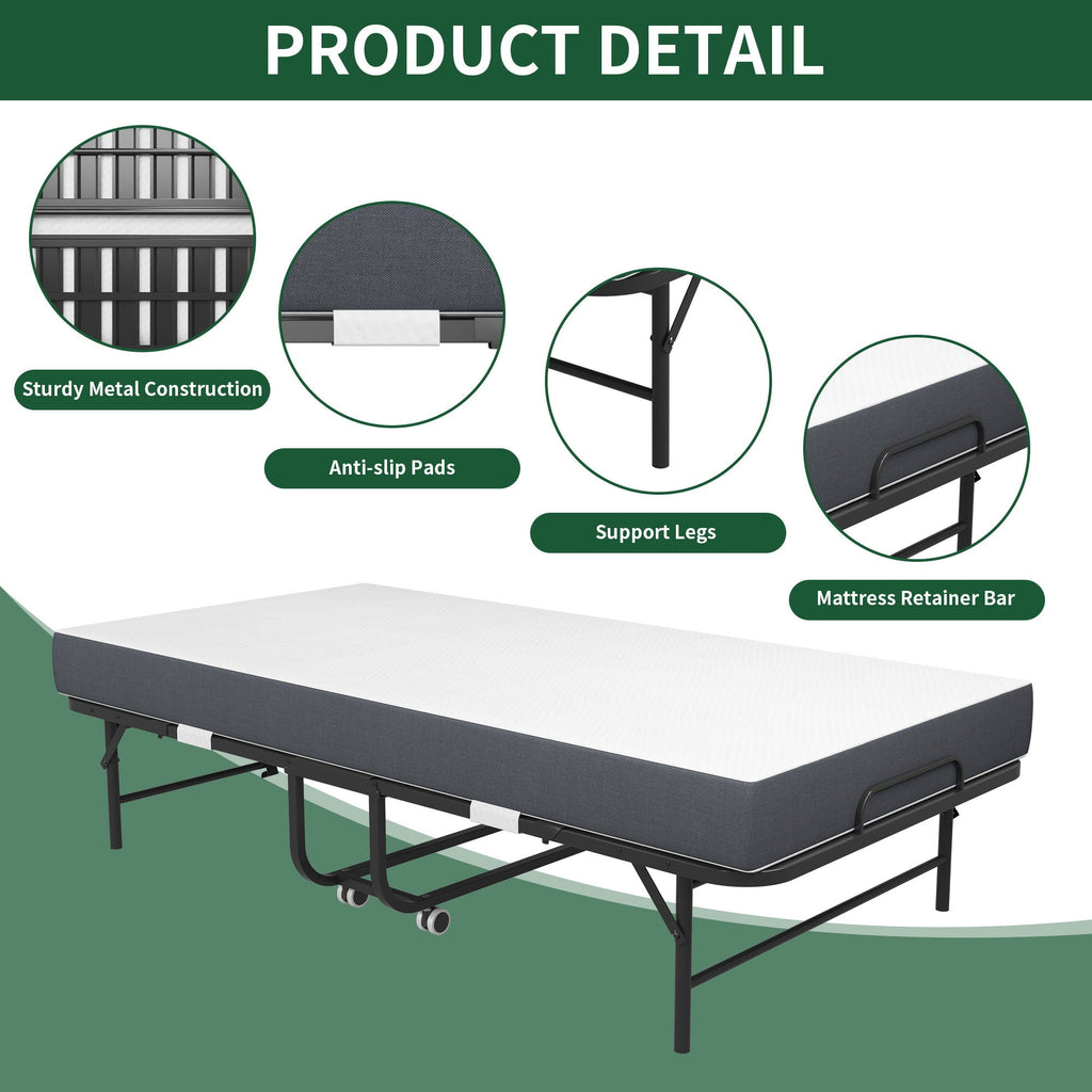 Twin Extra Long Folding Bed for Tall People with Memory Foam Mattress - Black