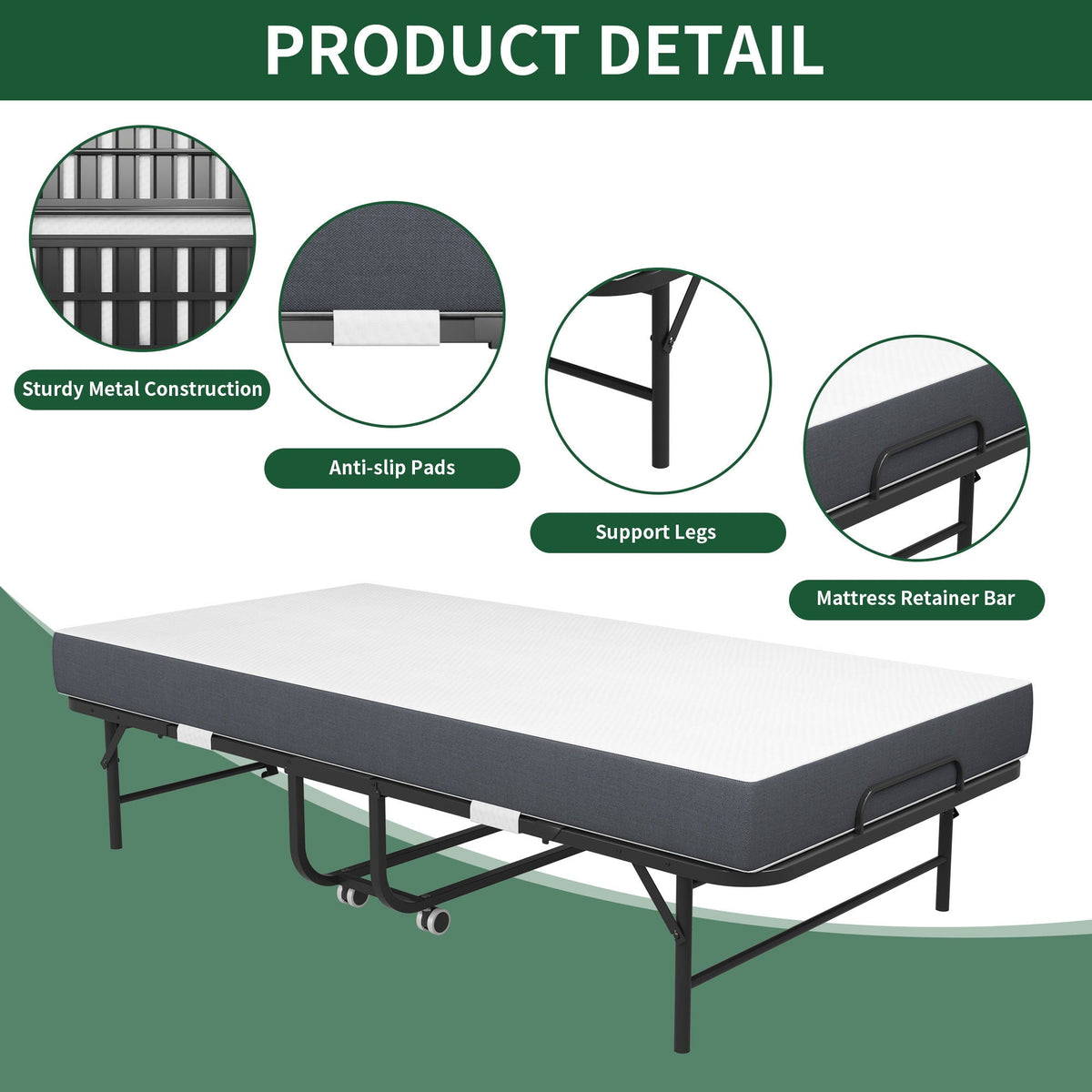 Twin Extra Long Folding Bed for Tall People with Memory Foam Mattress - Black